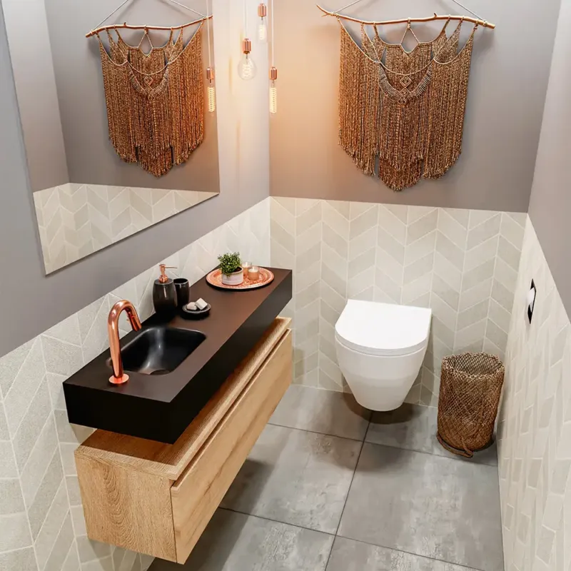 Nu Kopen Mondiaz Andor toiletmeubel 100cm eiken met zwarte wastafel links met kraangat