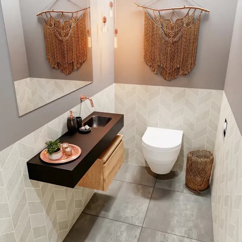 Aanbieding Mondiaz Andor toiletmeubel 50cm eiken met zwarte wastafel 100cm rechts zonder kraangat