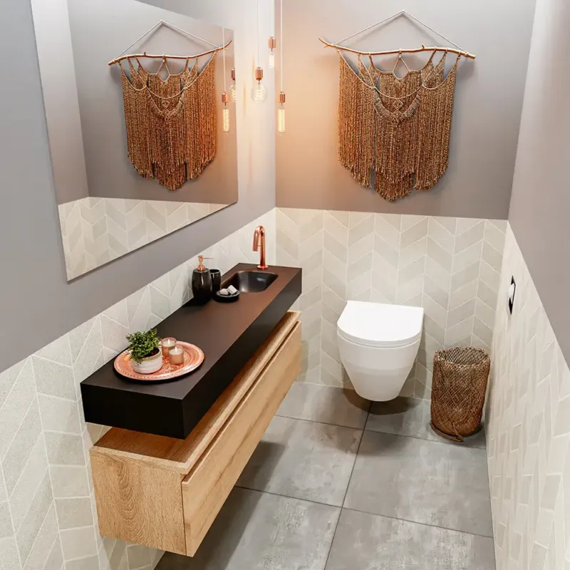 Flitsaanbieding Mondiaz Andor toiletmeubel 120cm eiken met zwarte wastafel rechts met kraangat
