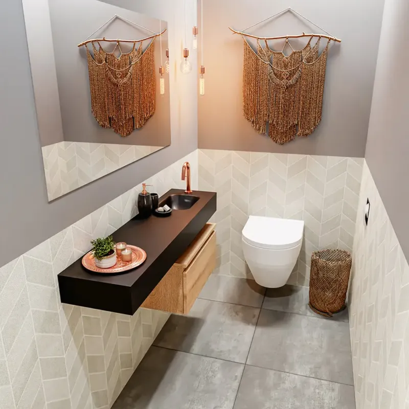 Op = Op Mondiaz Andor toiletmeubel 60cm eiken met zwarte wastafel 120cm rechts met kraangat