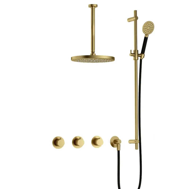Superprijs Hotbath Cobber IBS70 inbouwdouche met ronde handdouche, 30cm plafondbuis en glijstang geborsteld messing PVD
