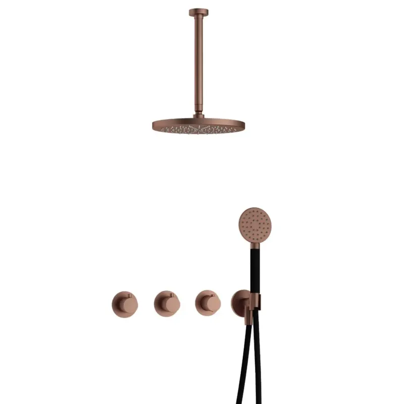 Lage Kosten Hotbath Cobber IBS70 inbouwdouche met ronde handdouche, 30cm plafondbuis en 30cm hoofddouche geborsteld koper PVD