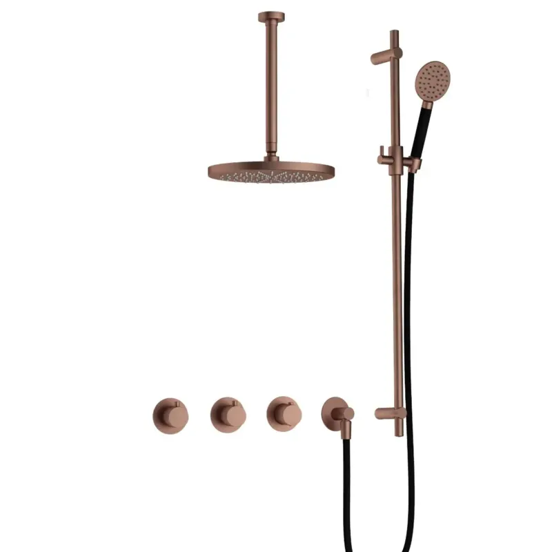Hotbath Cobber IBS70 inbouwdouche met ronde handdouche, 30cm plafondbuis, 30cm hoofddouche en glijstang geborsteld koper PVD Must-Have