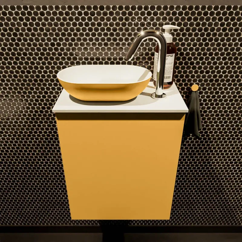 Tijdelijk Beschikbaar Mondiaz Fowy toiletmeubel 40cm ocher met gele waskom links en kraangat