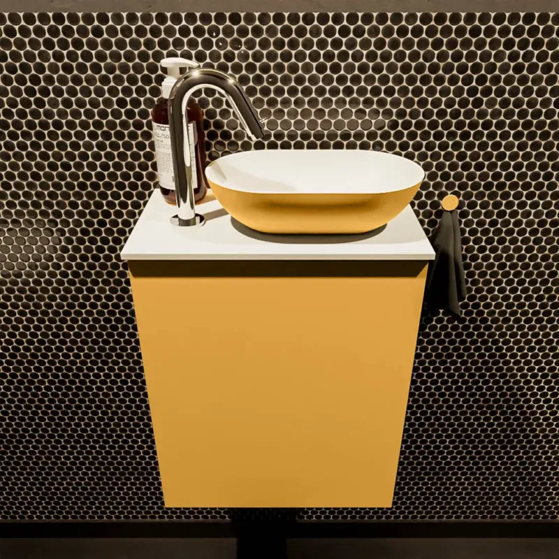 Betaalbaar Mondiaz Fowy toiletmeubel 40cm ocher met gele waskom rechts en kraangat