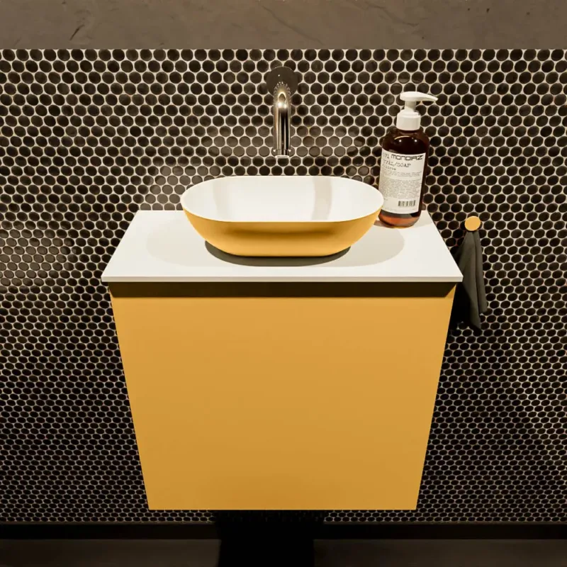 Korting Mondiaz Fowy toiletmeubel 50cm ocher met gele waskom midden zonder kraangat
