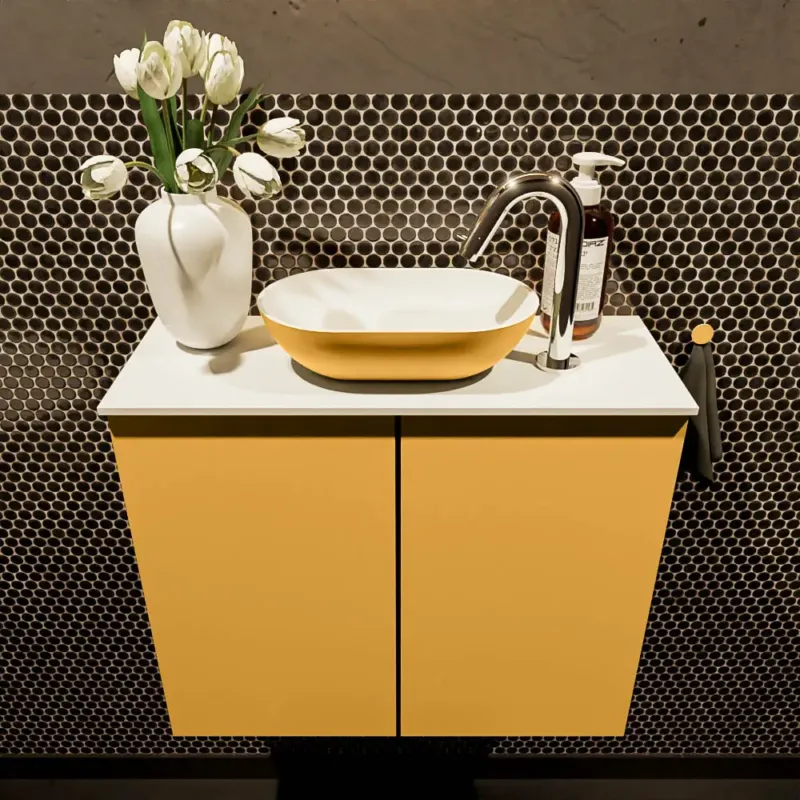Actieprijs Mondiaz Fowy toiletmeubel 60cm ocher met gele waskom midden en kraangat