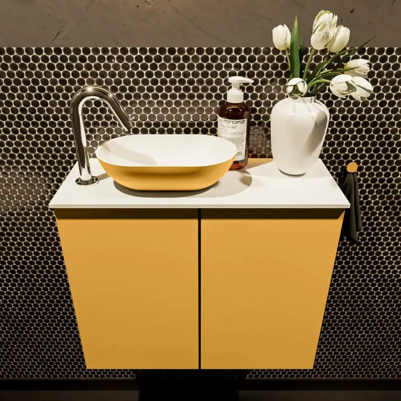 Mondiaz Fowy toiletmeubel 60cm ocher met gele waskom links en kraangat Express Levering