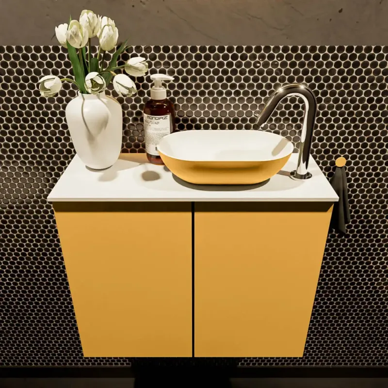 Merkproduct Mondiaz Fowy toiletmeubel 60cm ocher met gele waskom rechts en kraangat