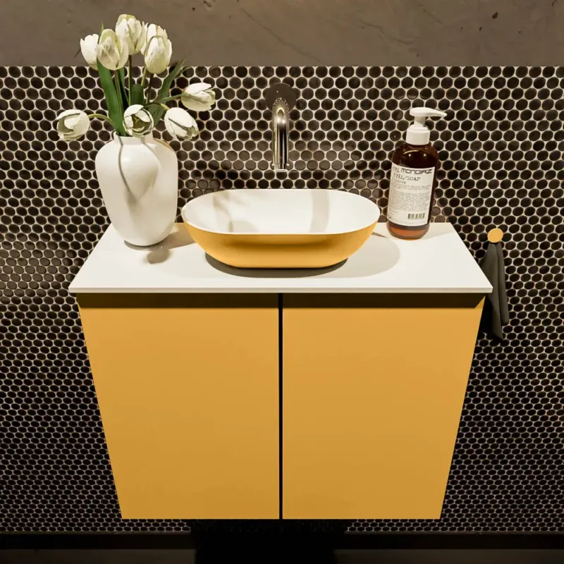 Mondiaz Fowy toiletmeubel 60cm ocher met gele waskom midden zonder kraangat Gecertificeerd