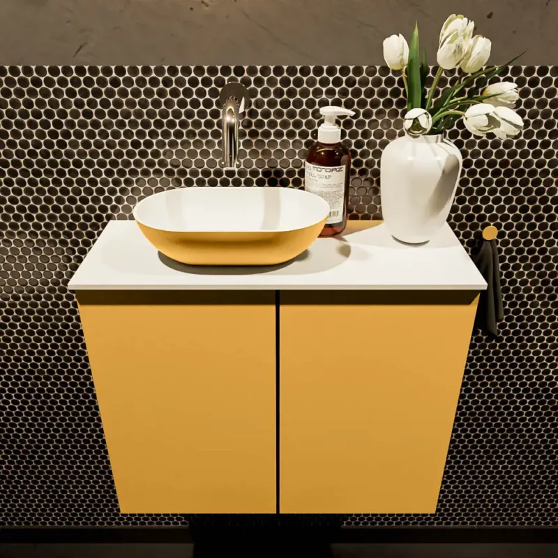 Voordeelprijs Mondiaz Fowy toiletmeubel 60cm ocher met gele waskom links zonder kraangat