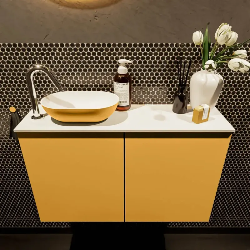 Superprijs Mondiaz Fowy toiletmeubel 80cm ocher met gele waskom links en kraangat