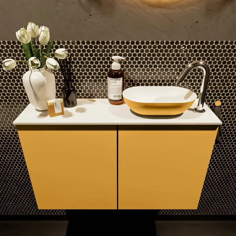 Populair Mondiaz Fowy toiletmeubel 80cm ocher met gele waskom rechts en kraangat