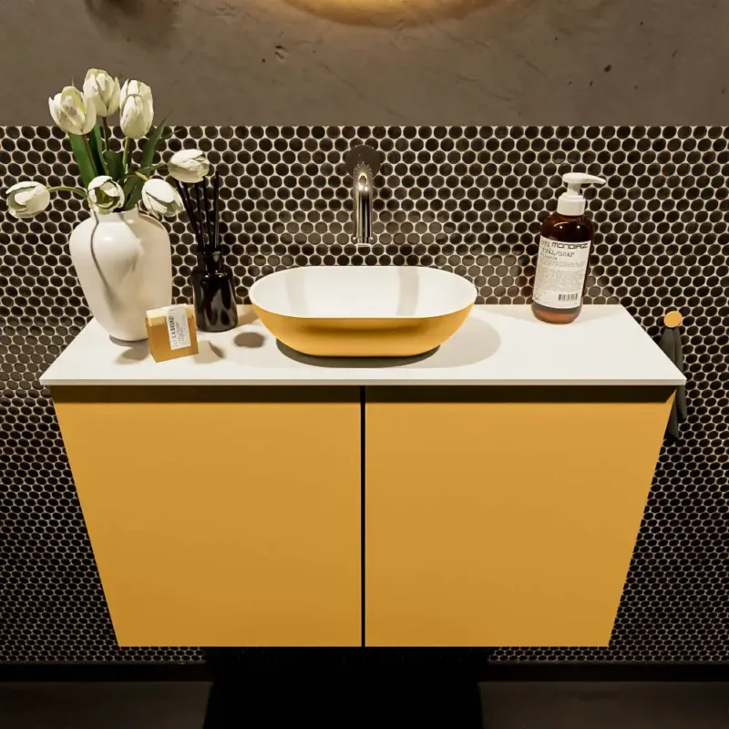 Weekendaanbieding Mondiaz Fowy toiletmeubel 80cm ocher met gele waskom midden zonder kraangat