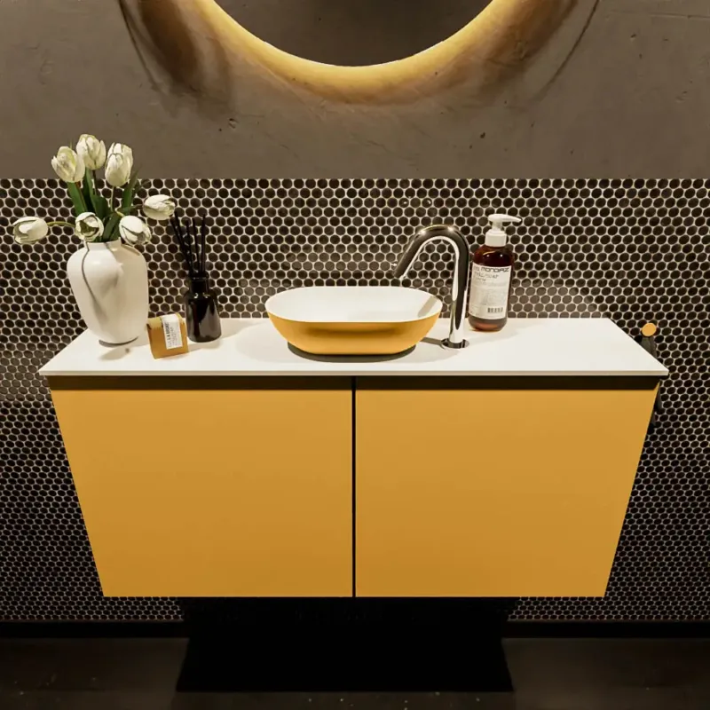 Actieprijs Mondiaz Fowy toiletmeubel 100cm ocher met gele waskom midden en kraangat
