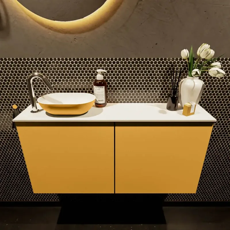 Finale Uitverkoop Mondiaz Fowy toiletmeubel 100cm ocher met gele waskom links en kraangat