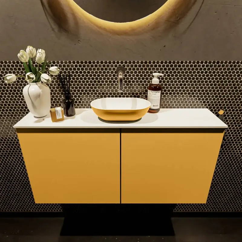 Laatste Kans Mondiaz Fowy toiletmeubel 100cm ocher met gele waskom midden zonder kraangat
