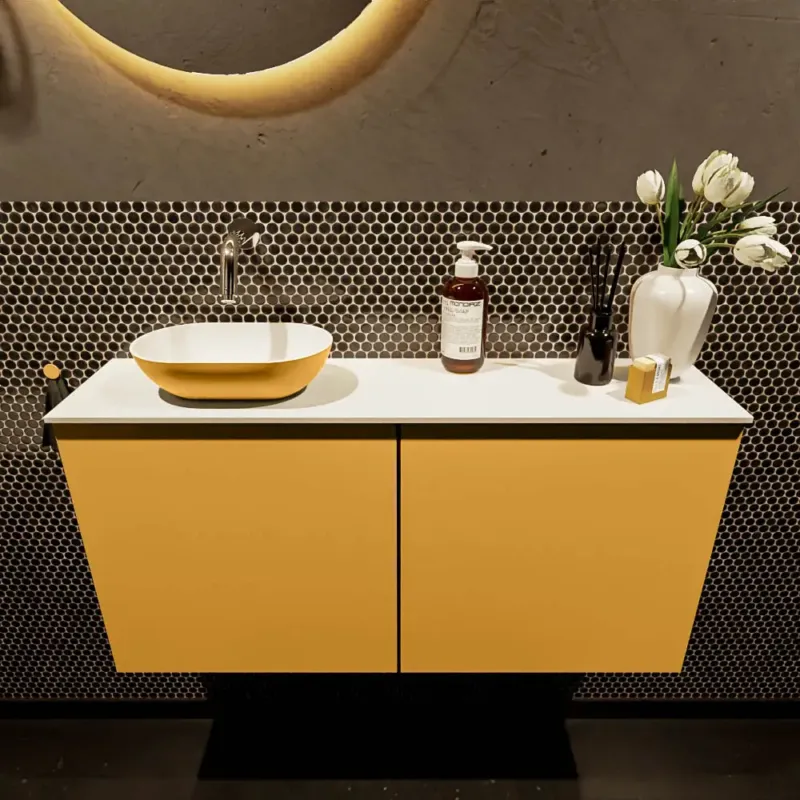 Koop Online Mondiaz Fowy toiletmeubel 100cm ocher met gele waskom links zonder kraangat