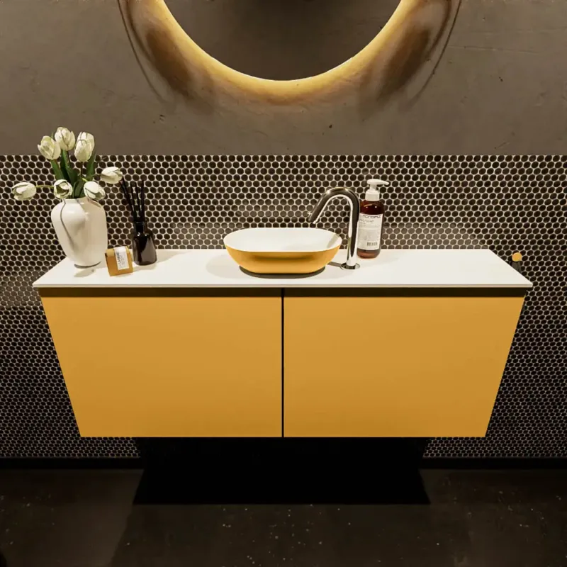 Direct Beschikbaar Mondiaz Fowy toiletmeubel 120cm ocher met gele waskom midden en kraangat