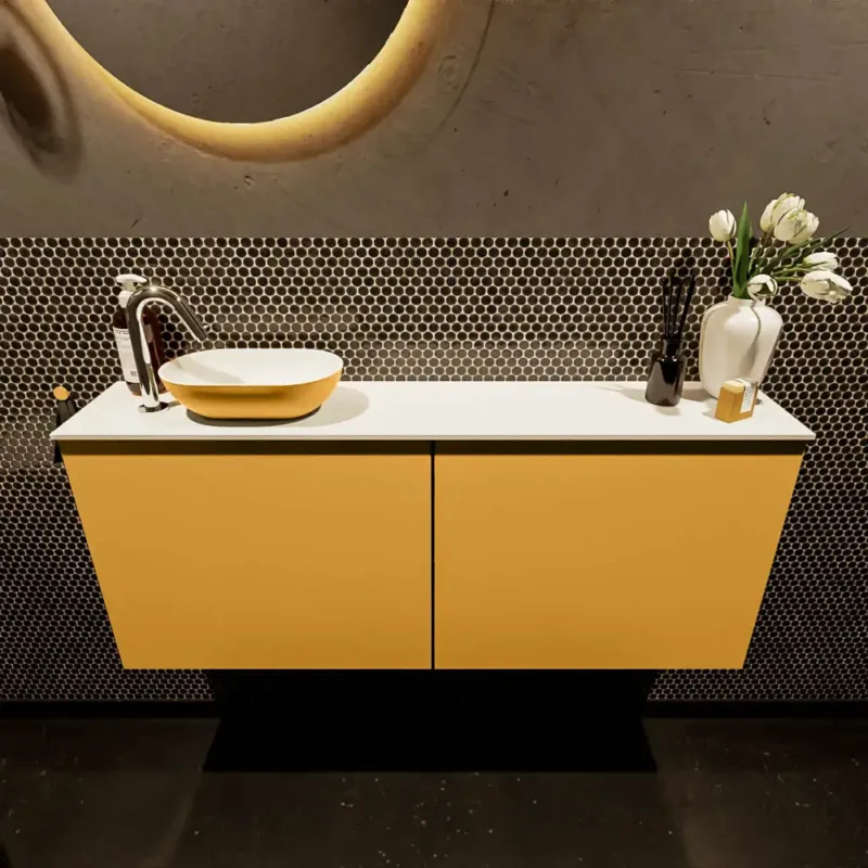 Mondiaz Fowy toiletmeubel 120cm ocher met gele waskom links en kraangat Hoge Kwaliteit