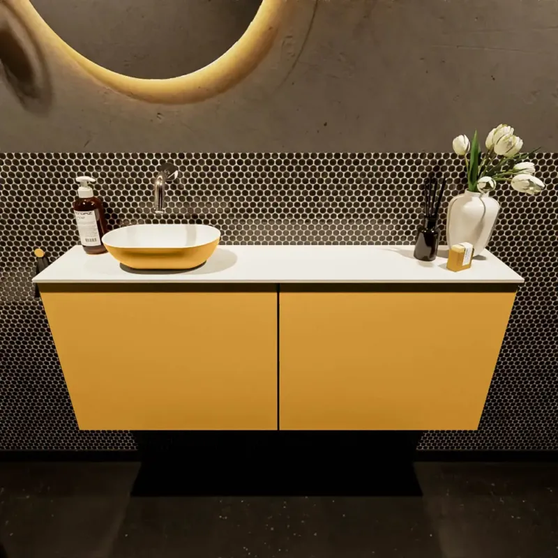 Aanbieding Mondiaz Fowy toiletmeubel 120cm ocher met gele waskom links zonder kraangat