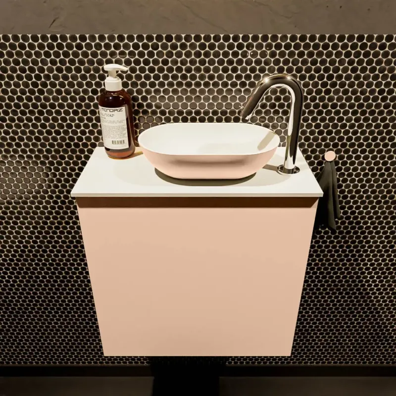 Mondiaz Fowy toiletmeubel 50cm rosee met oudroze waskom rechts en kraangat Express Levering