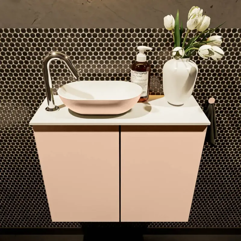 Mondiaz Fowy toiletmeubel 60cm rosee met oudroze waskom links en kraangat Must-Have