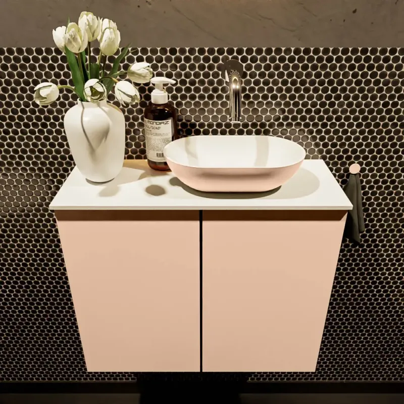 Mondiaz Fowy toiletmeubel 60cm rosee met oudroze waskom rechts zonder kraangat Laatste Versie