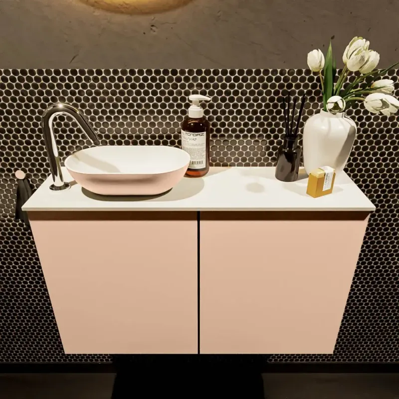 Op = Op Mondiaz Fowy toiletmeubel 80cm rosee met oudroze waskom links en kraangat