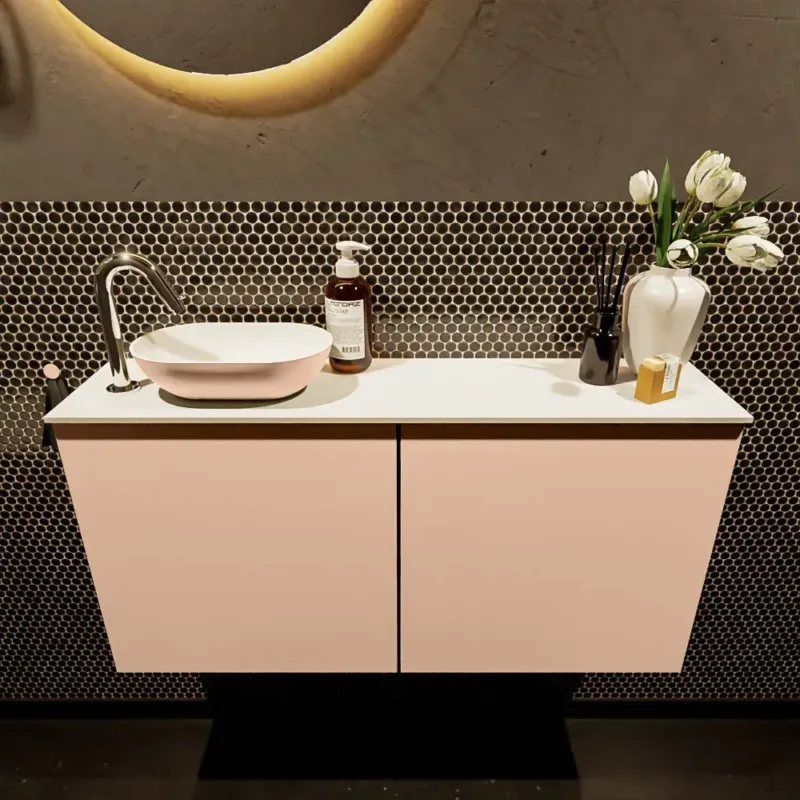Betrouwbaar Mondiaz Fowy toiletmeubel 100cm rosee met oudroze waskom links en kraangat