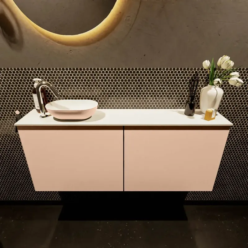 Fabrieksprijs Mondiaz Fowy toiletmeubel 120cm rosee met oudroze waskom links en kraangat