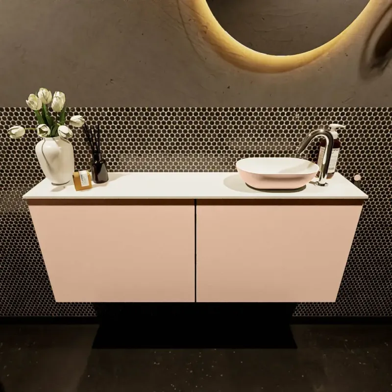 Mondiaz Fowy toiletmeubel 120cm rosee met oudroze waskom rechts en kraangat Tijdelijk Beschikbaar