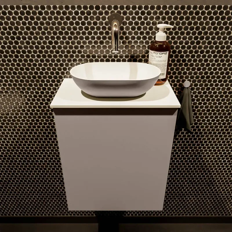 Aanbieding Mondiaz Fowy toiletmeubel 40cm smoke met taupkleurige waskom midden zonder kraangat