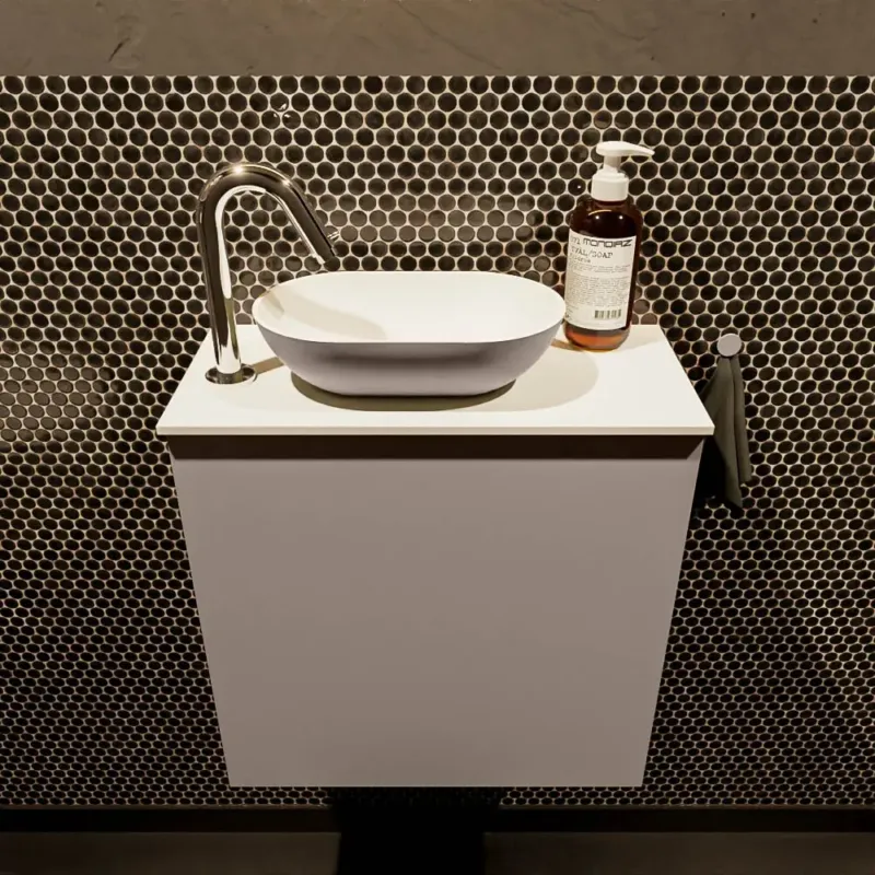 Direct Verzonden Mondiaz Fowy toiletmeubel 50cm smoke met taupkleurige waskom links en kraangat