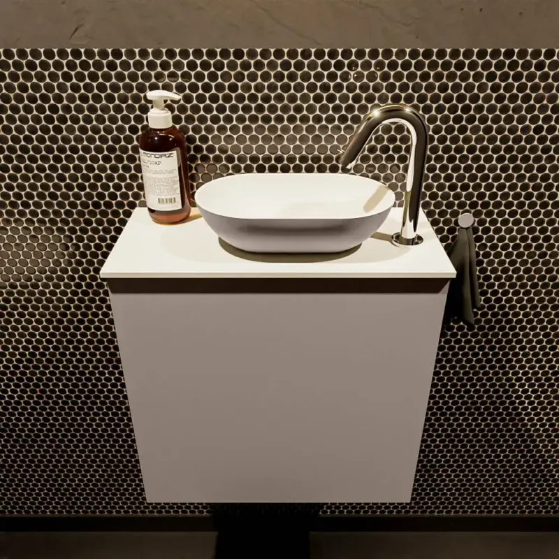 Mondiaz Fowy toiletmeubel 50cm smoke met taupkleurige waskom rechts en kraangat Rechtstreeks Van De Fabrikant
