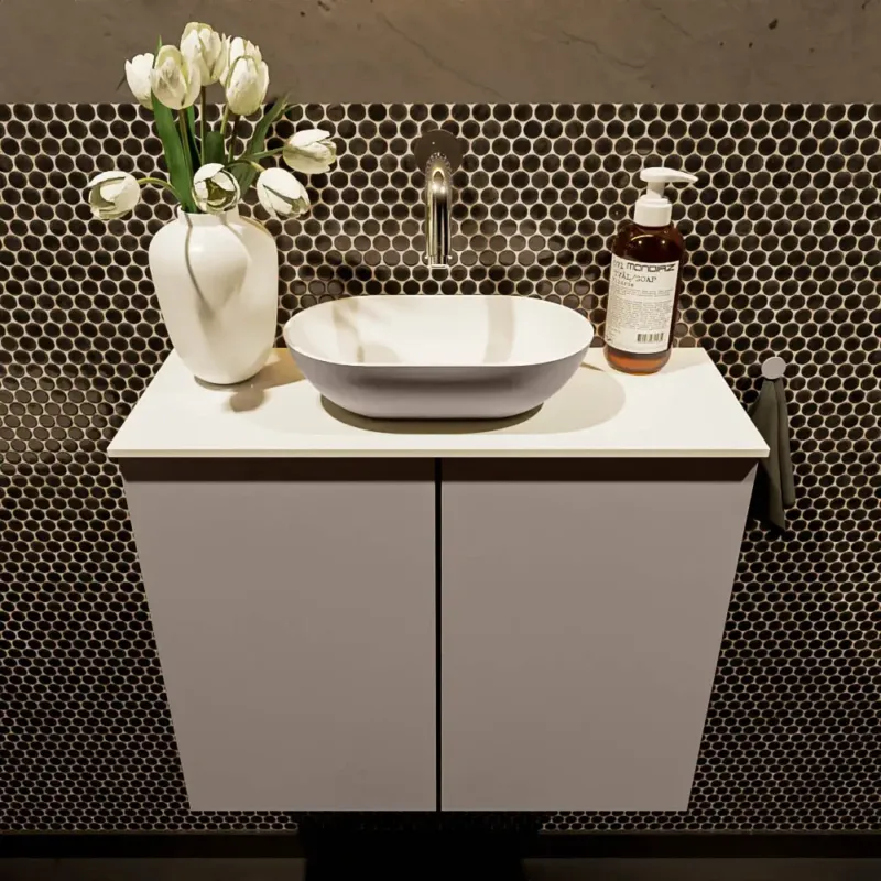 Beperkt Aanbod Mondiaz Fowy toiletmeubel 60cm smoke met taupkleurige waskom midden zonder kraangat