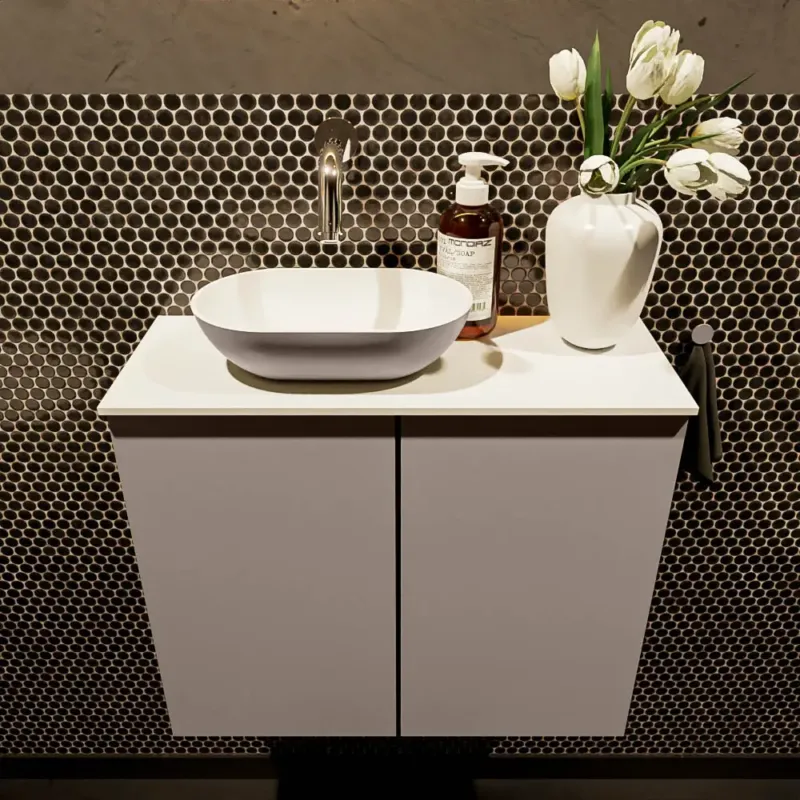 Tijdelijk Beschikbaar Mondiaz Fowy toiletmeubel 60cm smoke met taupkleurige waskom links zonder kraangat