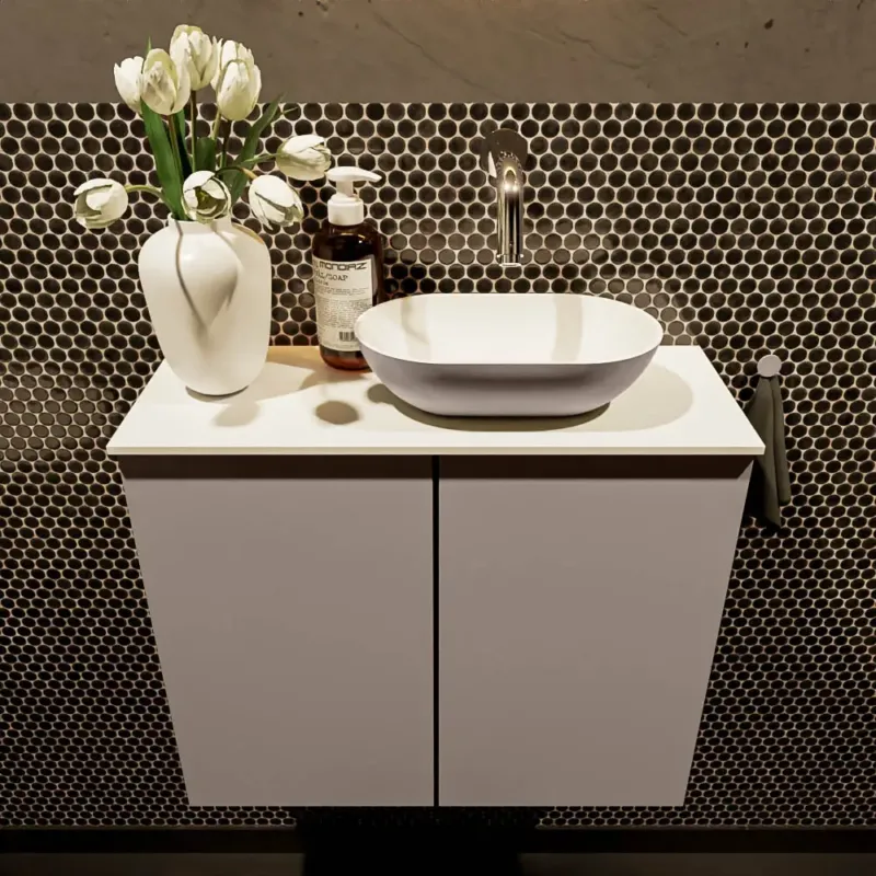 Koopje Mondiaz Fowy toiletmeubel 60cm smoke met taupkleurige waskom rechts zonder kraangat
