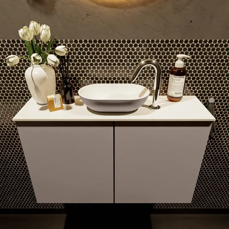 Mondiaz Fowy toiletmeubel 80cm smoke met taupkleurige waskom midden en kraangat Premium