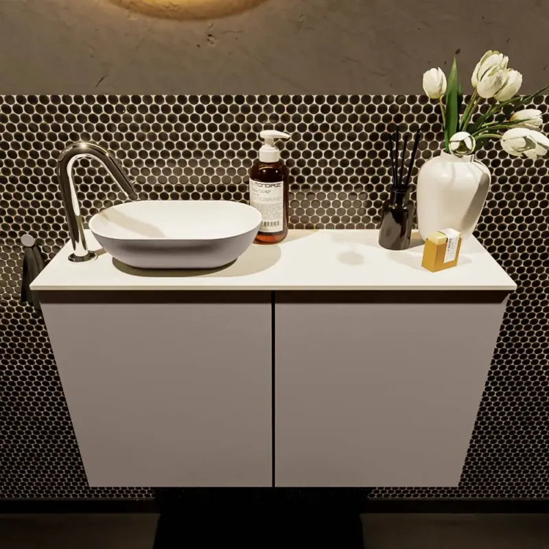 Shop Nu Mondiaz Fowy toiletmeubel 80cm smoke met taupkleurige waskom links en kraangat