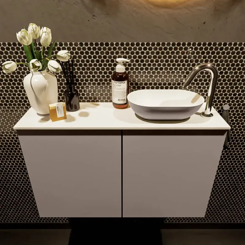 Weekendaanbieding Mondiaz Fowy toiletmeubel 80cm smoke met taupkleurige waskom rechts en kraangat