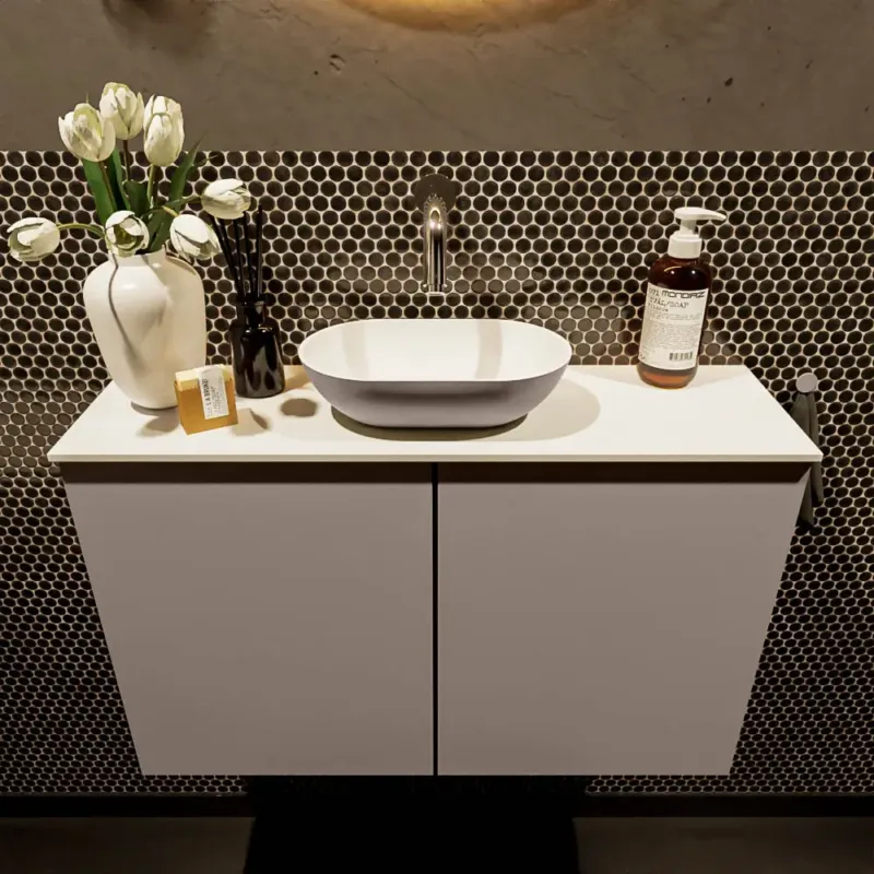 Beste Prijs Mondiaz Fowy toiletmeubel 80cm smoke met taupkleurige waskom midden zonder kraangat