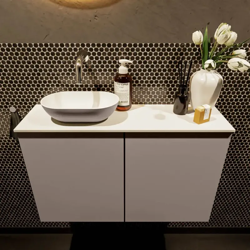 Speciale Aanbieding Mondiaz Fowy toiletmeubel 80cm smoke met taupkleurige waskom links zonder kraangat