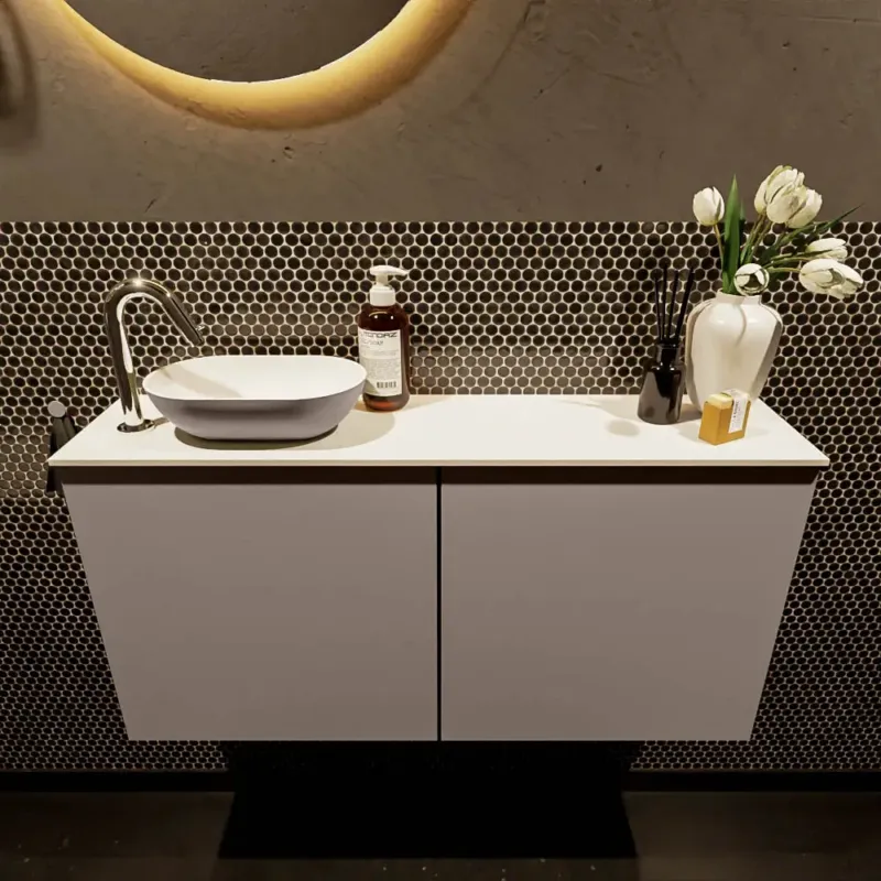 Korting Mondiaz Fowy toiletmeubel 100cm smoke met taupkleurige waskom links en kraangat
