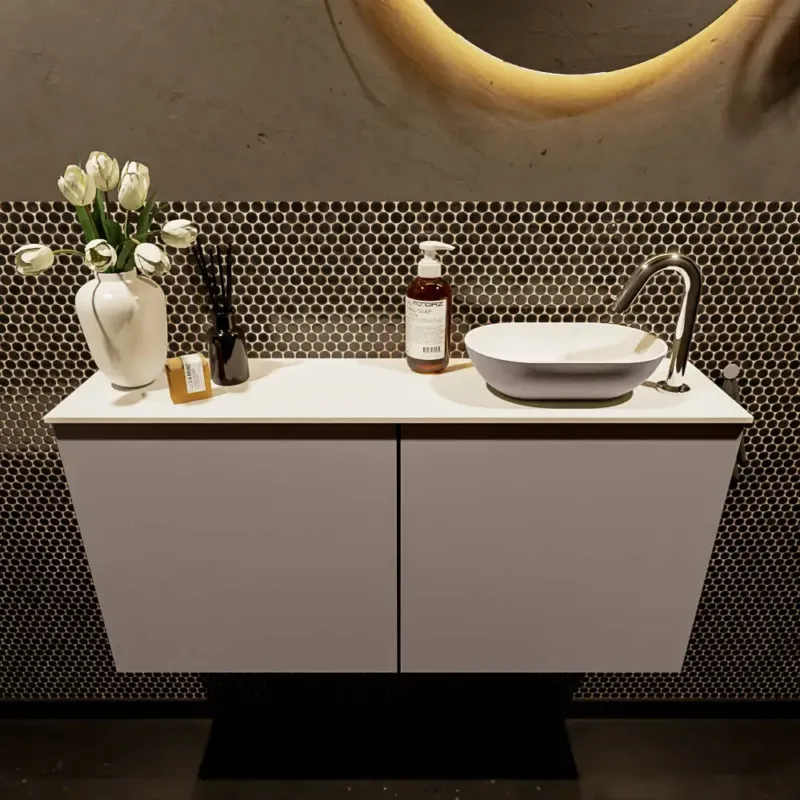 Mondiaz Fowy toiletmeubel 100cm smoke met taupkleurige waskom rechts en kraangat Koop Vandaag