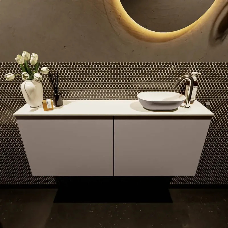 Direct Beschikbaar Mondiaz Fowy toiletmeubel 120cm smoke met taupkleurige waskom rechts en kraangat