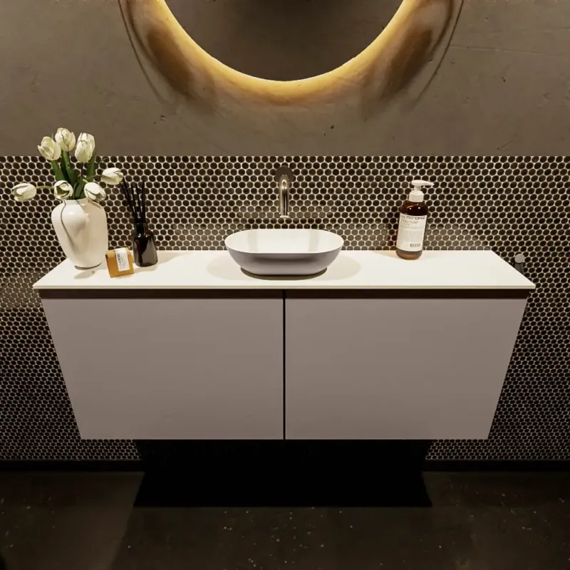 Beste Prijs Mondiaz Fowy toiletmeubel 120cm smoke met taupkleurige waskom midden zonder kraangat