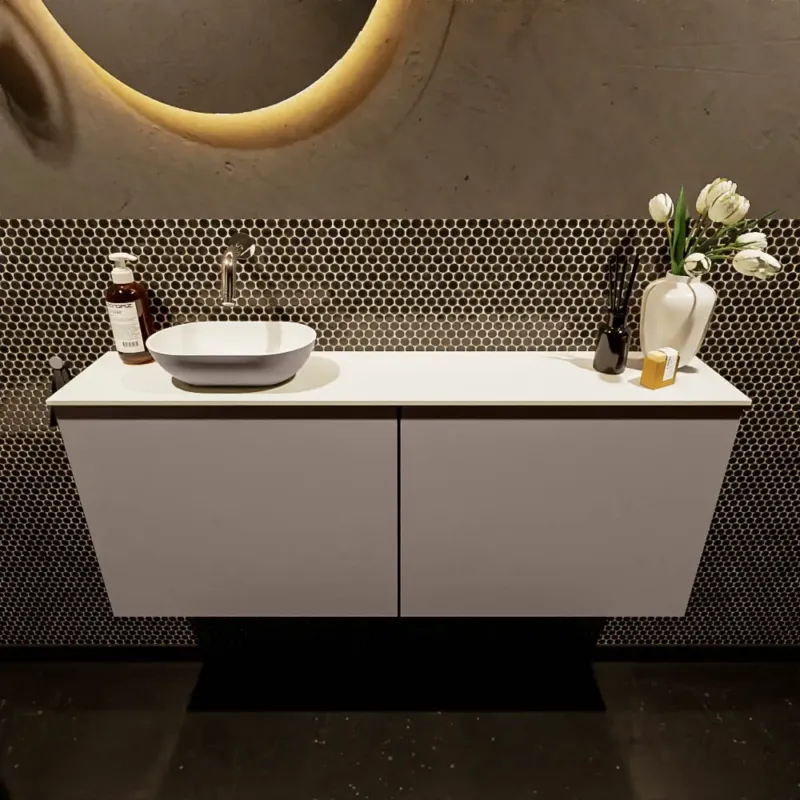 Voordeelprijs Mondiaz Fowy toiletmeubel 120cm smoke met taupkleurige waskom links zonder kraangat
