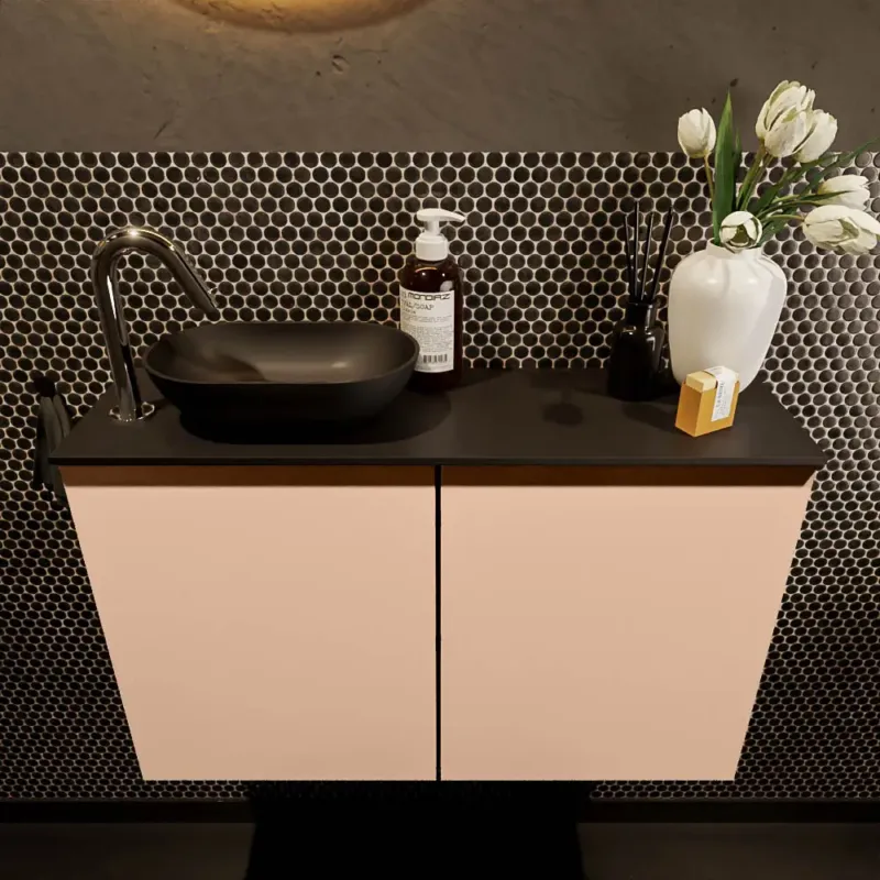Mondiaz Fowy toiletmeubel 80cm rosee met zwarte waskom links en kraangat Dagaanbieding