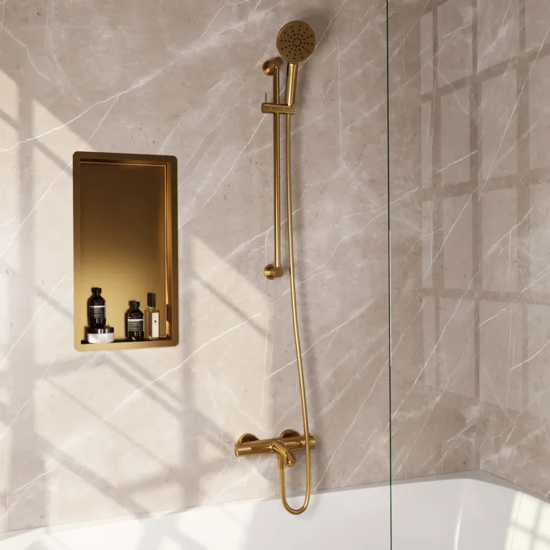 Brauer Gold Carving thermostatische badkraan met glijstang en 3 standen handdouche geborsteld messing PVD Betaalbaar